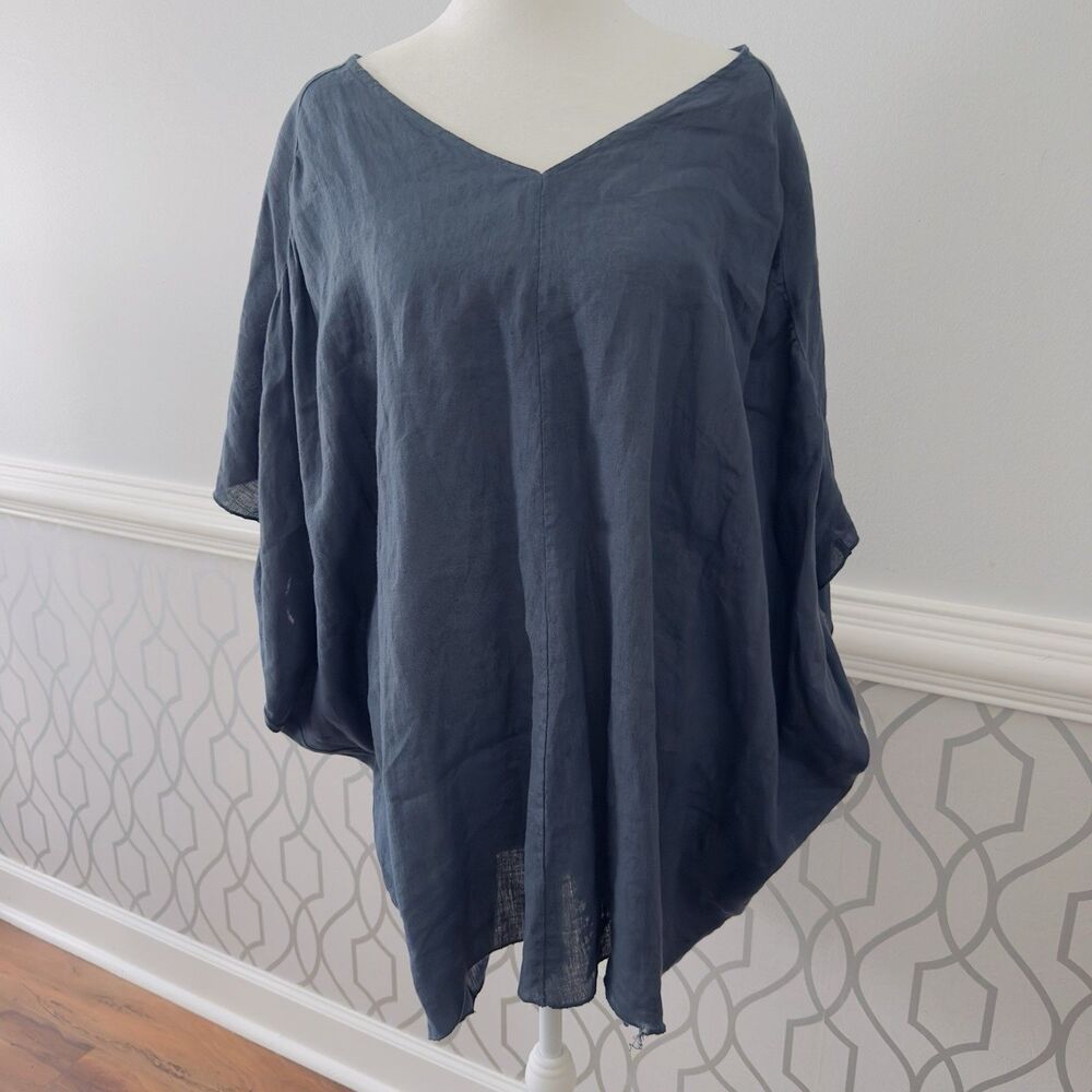Dejavu Womens Italy 100% Linen Tunic Top OS BLUE V-Neck Sleeveless Relaxed Boho